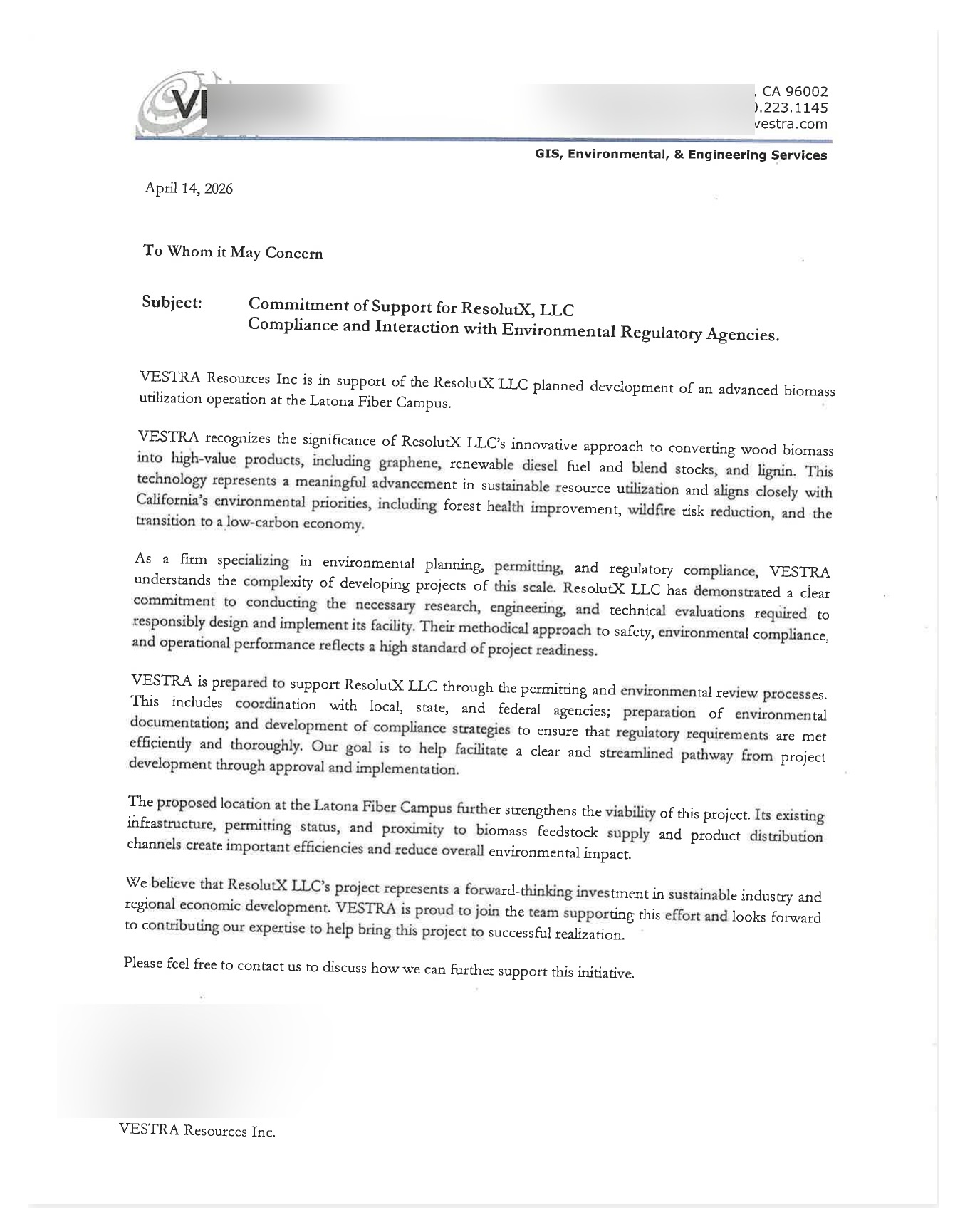 Vestra Letter of Support